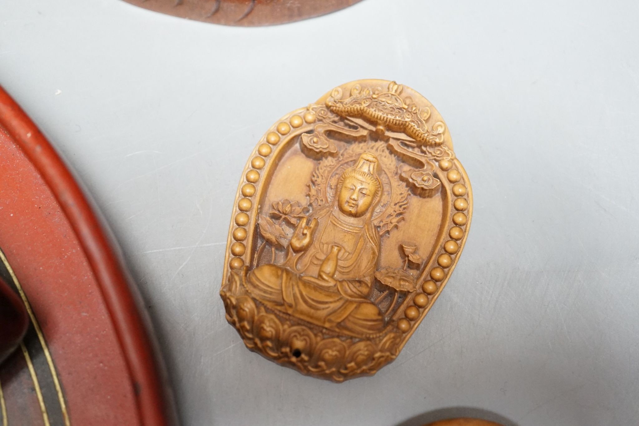 A Chinese applique work panel, a bamboo brushpot, 18cm, lacquer tray, inlaid boxwood table screen, covered box and two carvings